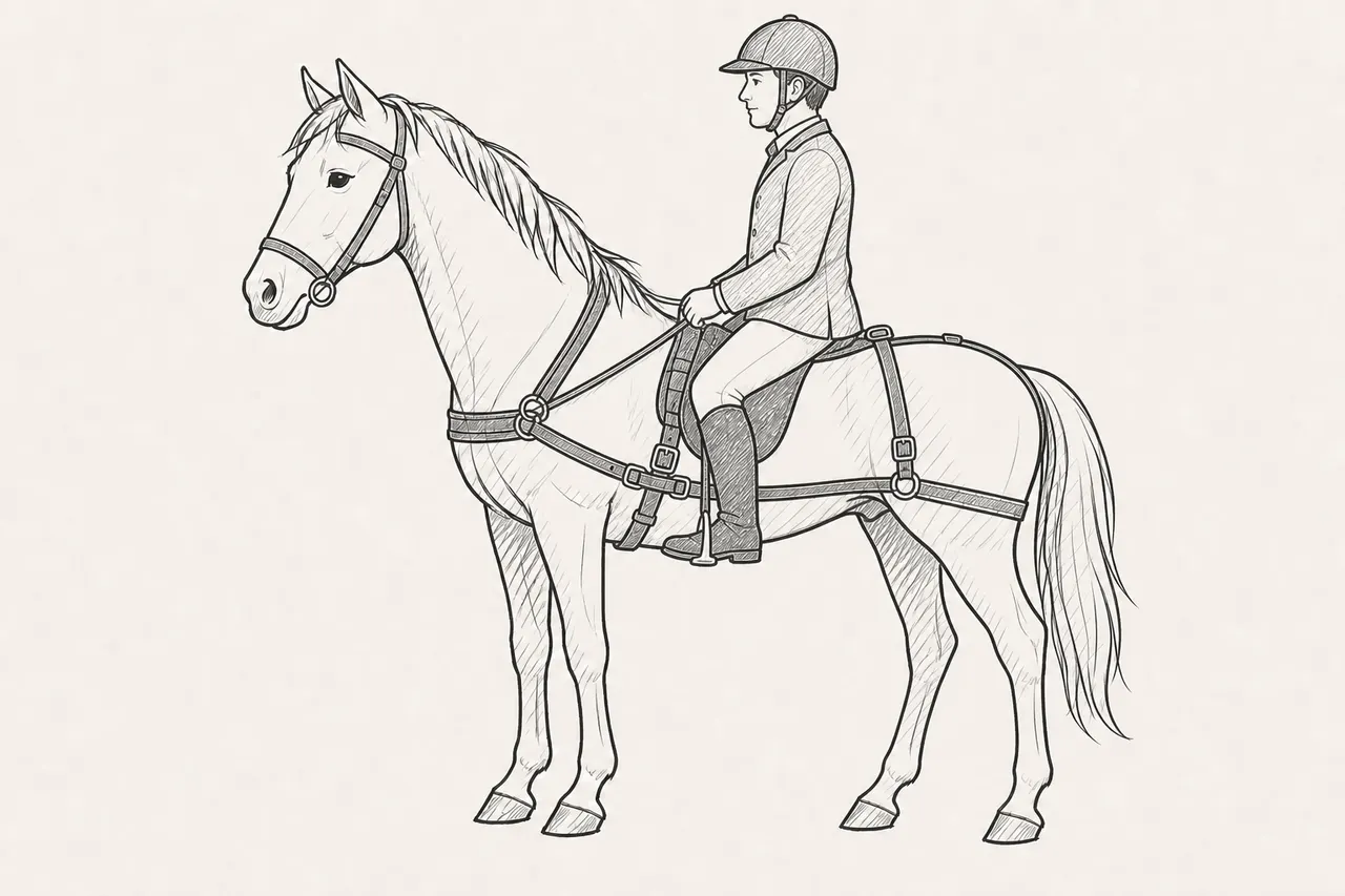 Ein Reiter auf einem Pferd mit Harness als Metapher für den Menschen im System