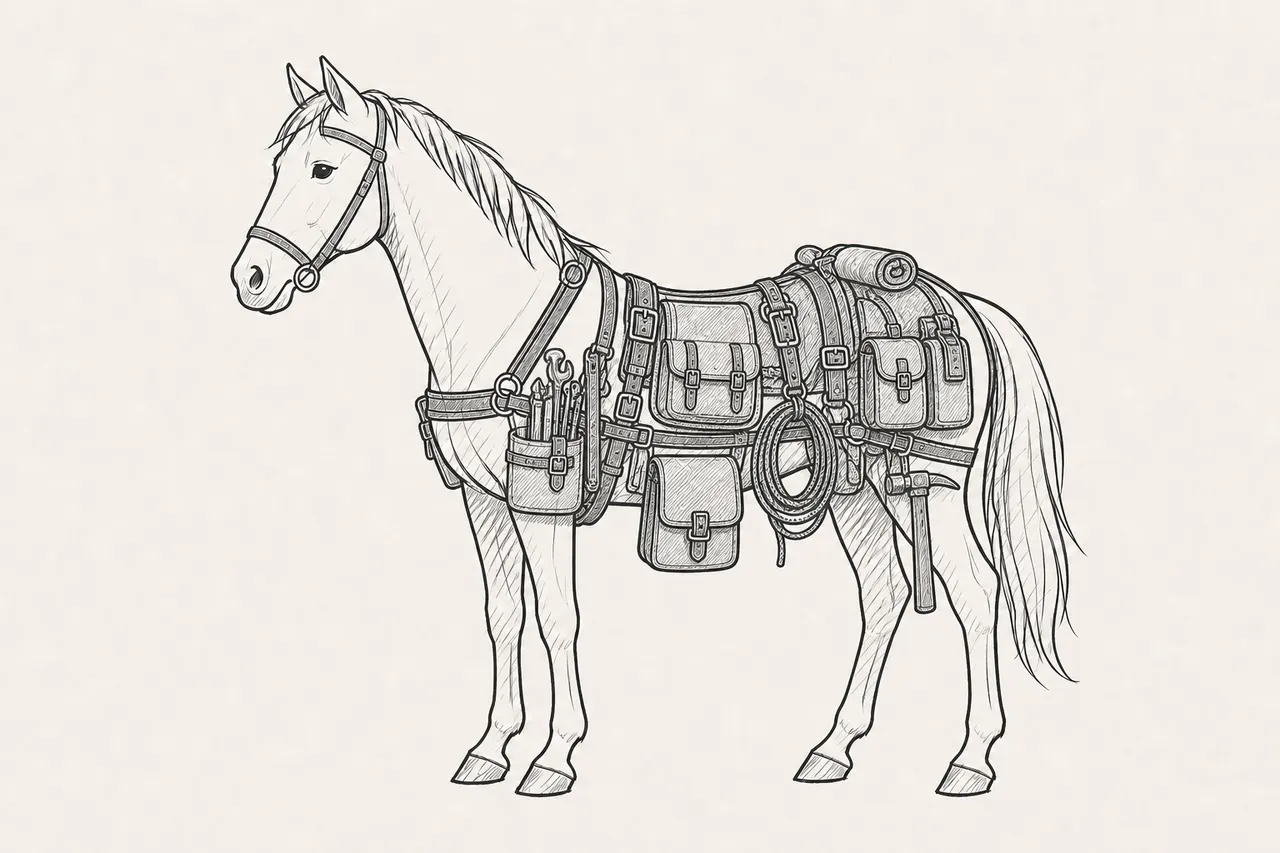 Ein Pferd mit einem Harness voller Werkzeuge
