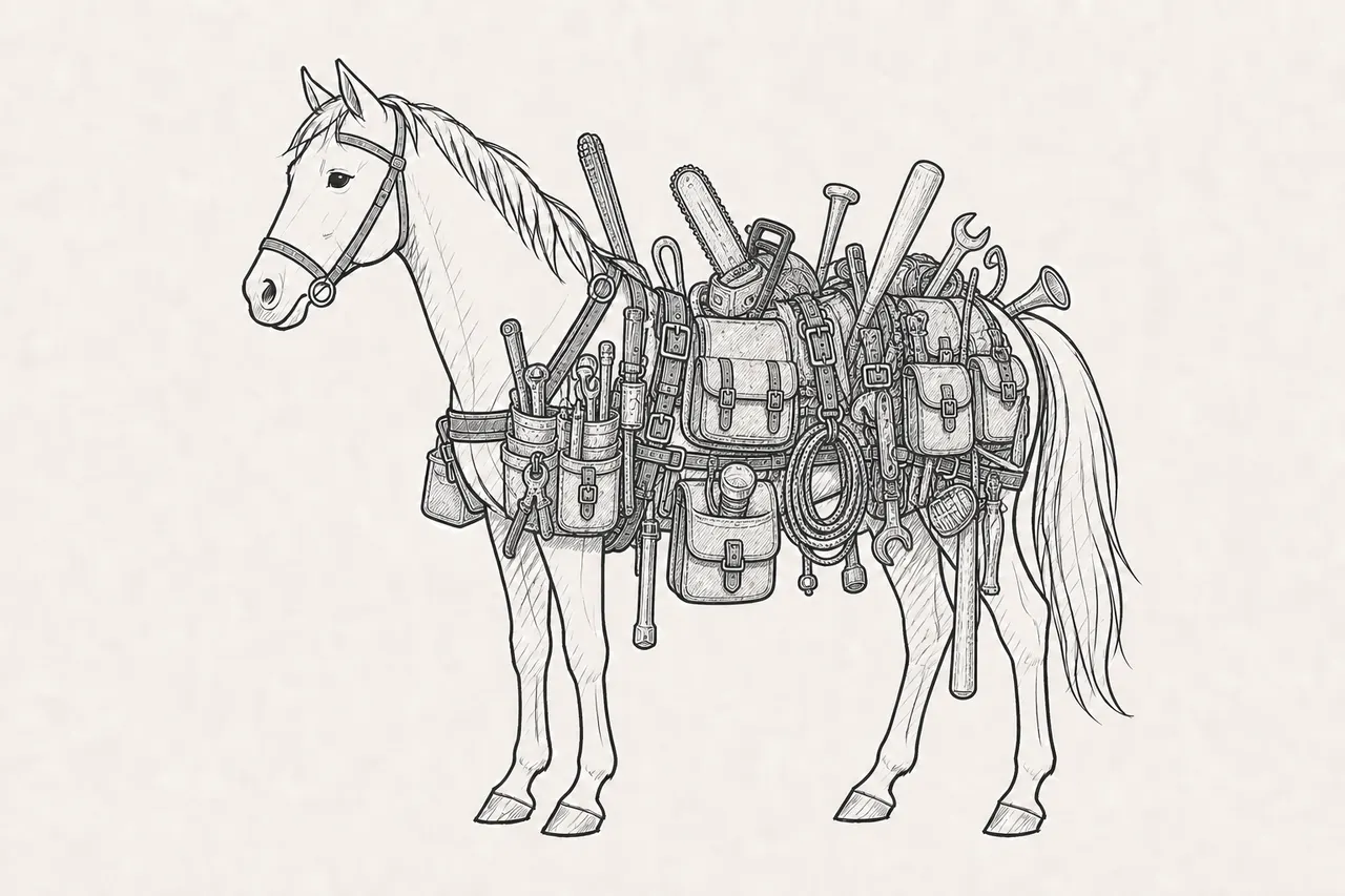 Ein Pferd mit einem überladenen Harness voller unnötiger Werkzeuge